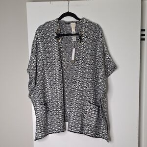 Chico's Black and White Knit Open-Front Cardigan with Eyelet Detail